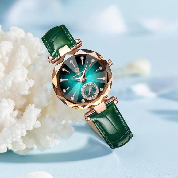 Chic Quartz Ladies Watch in Green Leather - Diamond Inlay & 30M Water Resistance - Picture 2 of 8